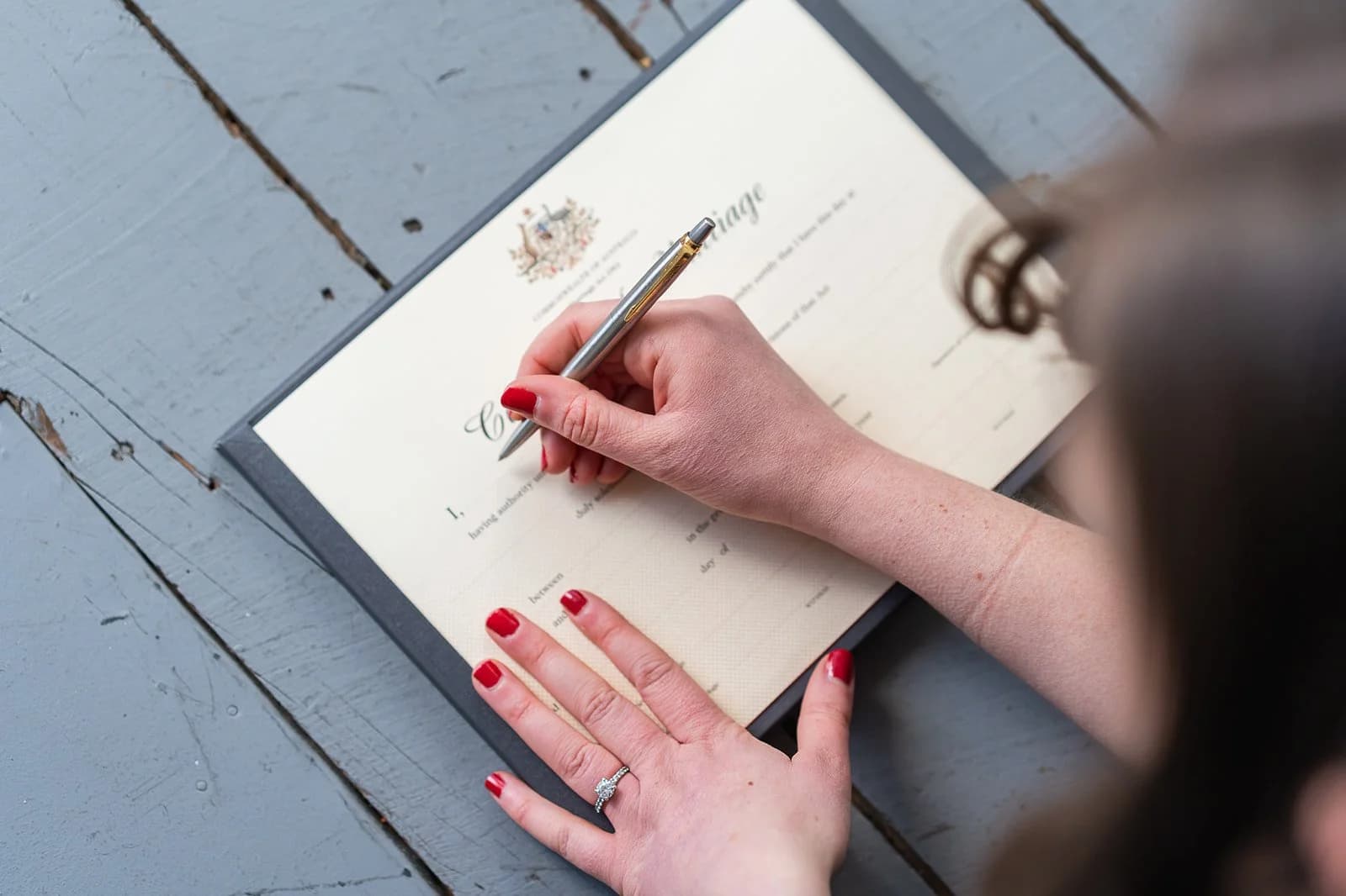 Signing the official certificate of marriage.